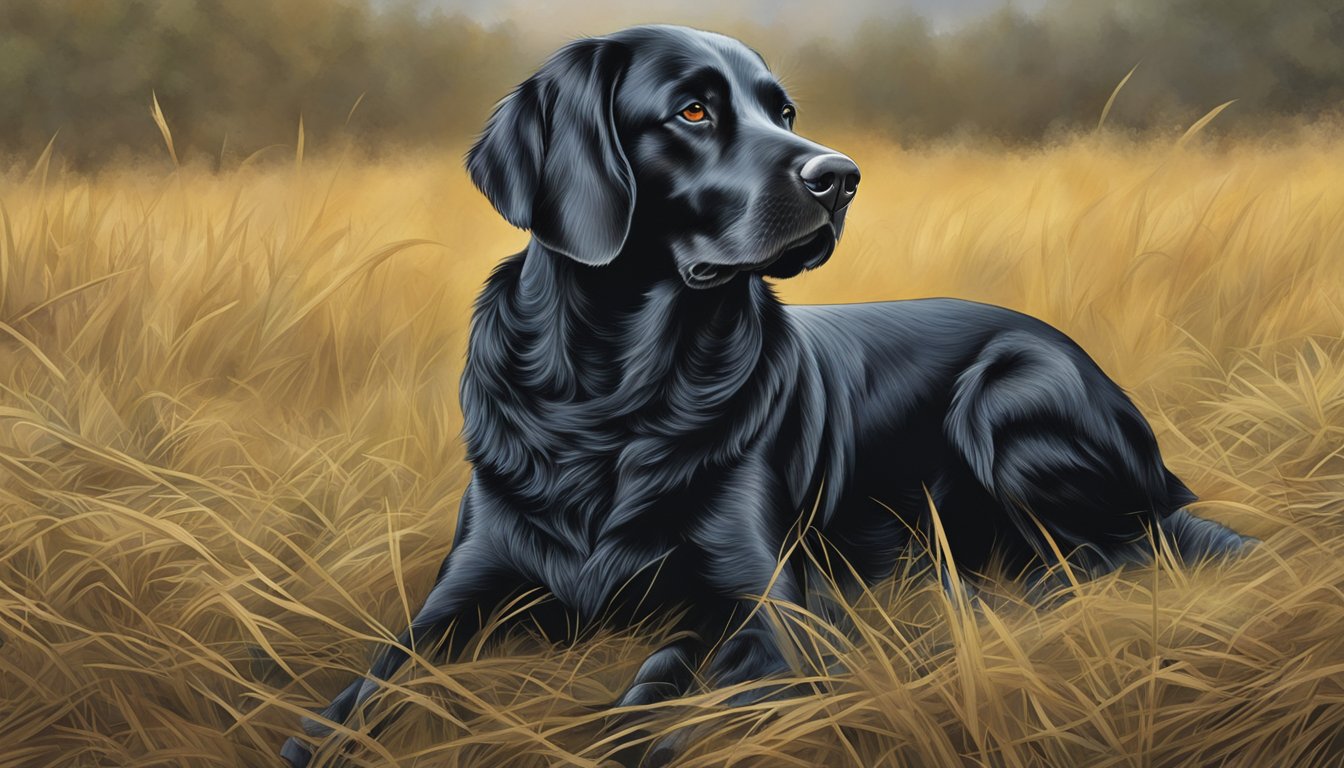 A gun dog sitting attentively, awaiting a command in an Ohio field