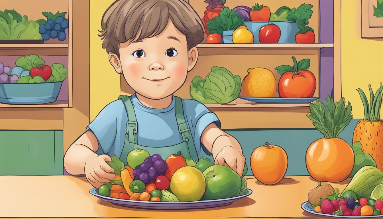 A child exploring a colorful plate of fruits and vegetables with a hesitant expression