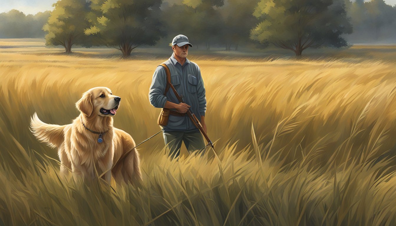 A golden retriever stands alert in a field, surrounded by tall grass and trees, as a trainer prepares for a hunt in the Kansas countryside