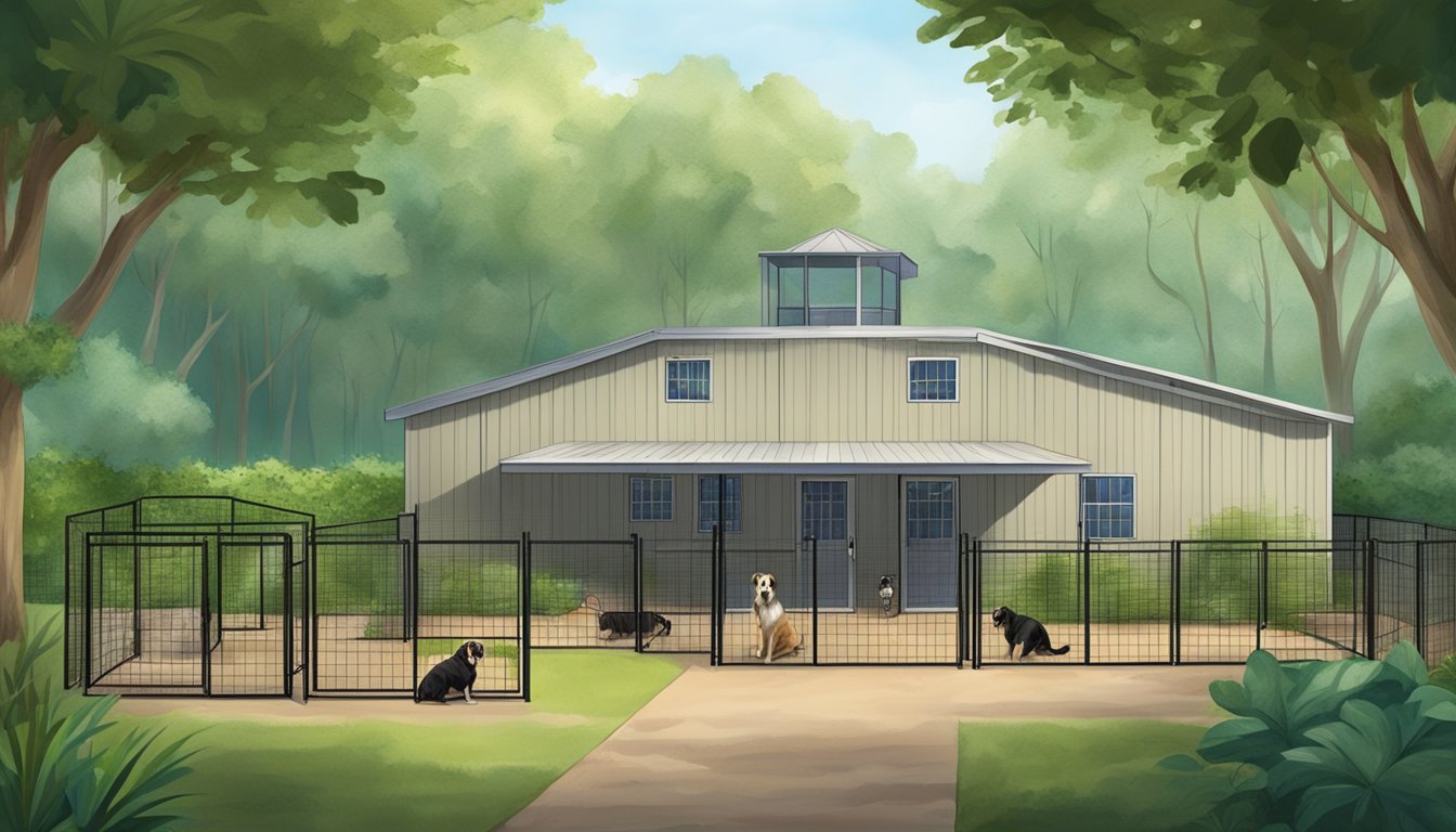 A spacious kennel with a large outdoor training area, surrounded by lush greenery and a serene, natural backdrop in Louisiana