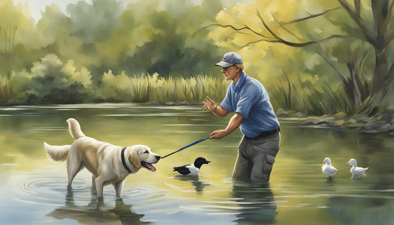 A dog trainer in Ohio instructs a retriever to fetch a duck decoy from a pond