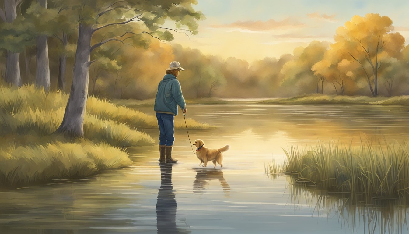 A golden retriever retrieves a duck from a pond, while a trainer watches from the shore in the Kansas countryside