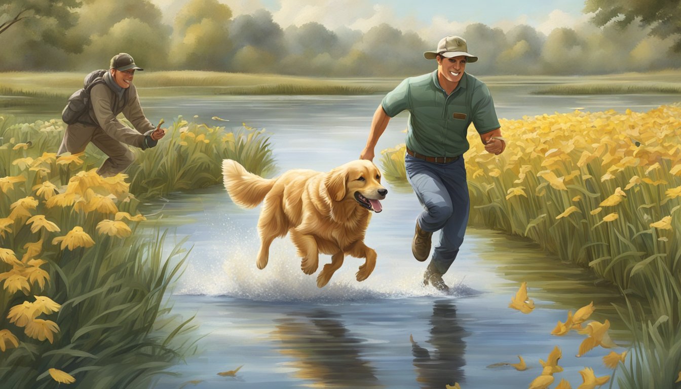 A golden retriever running through a field, retrieving a duck from a pond, with a trainer watching from a distance