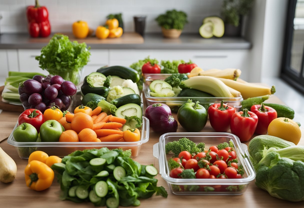 Uma bancada de cozinha com vários vegetais frescos, frutas e fontes de proteína dispostas para o preparo das refeições da semana. Tábuas de corte, facas e recipientes estão organizados de maneira ordenada.