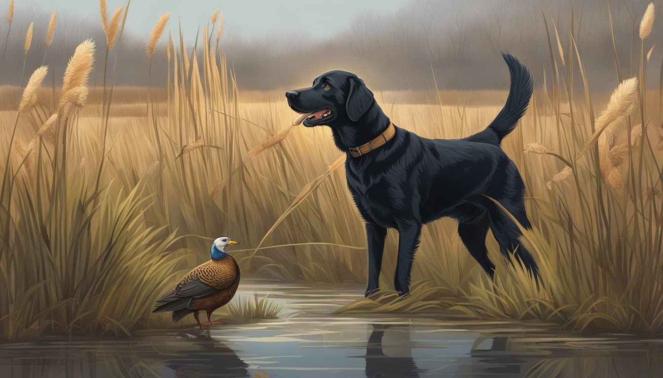 A retriever holding a pheasant in its mouth, standing in a marshy wetland with cattails and a wooden duck blind in the background