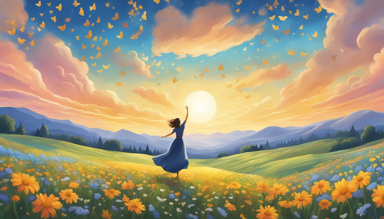 A lone figure dancing in a field of wildflowers, surrounded by swirling butterflies and a bright, sunny sky overhead