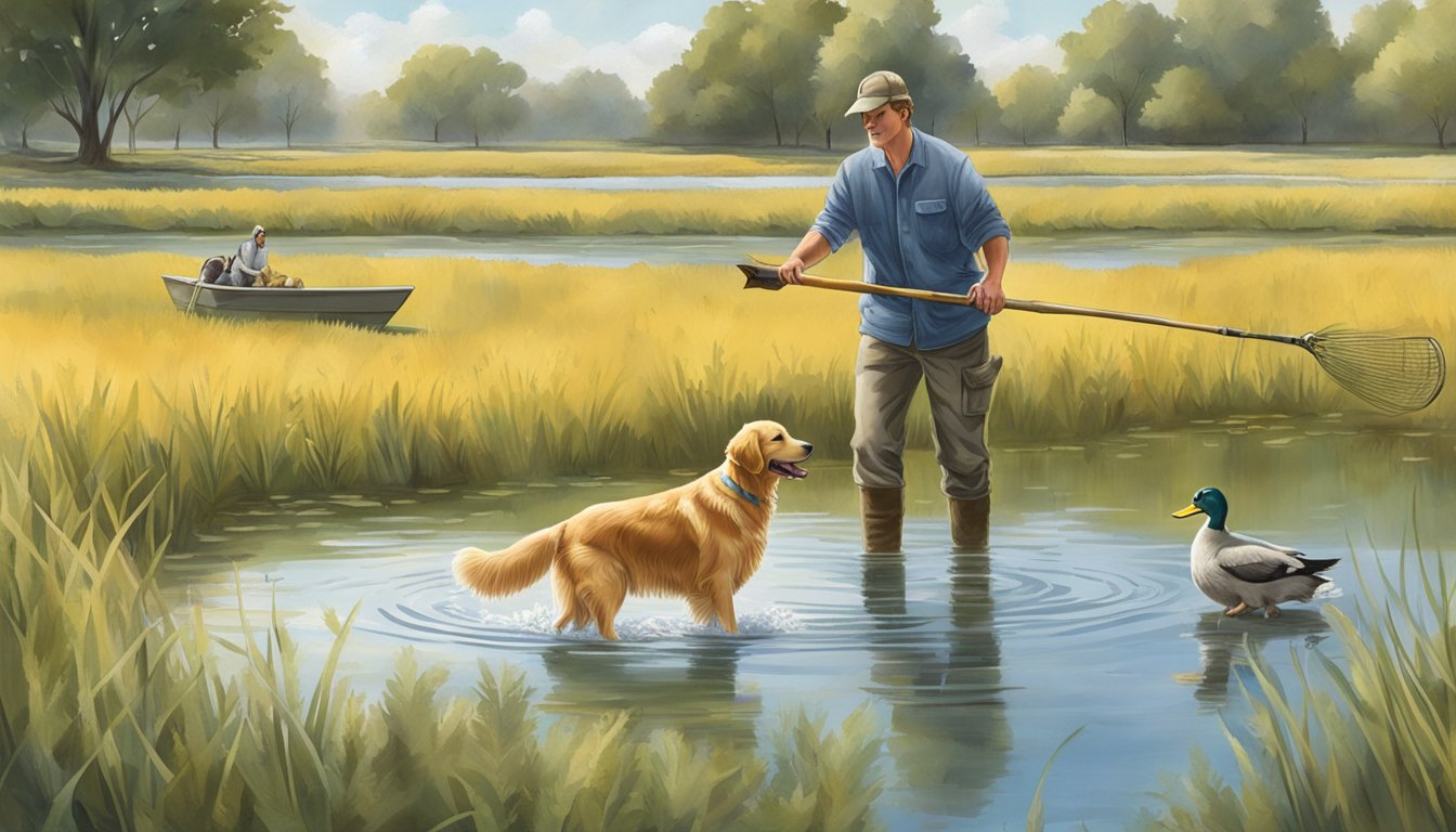 A golden retriever retrieves a duck from a pond, while a trainer watches nearby in a field in Kansas