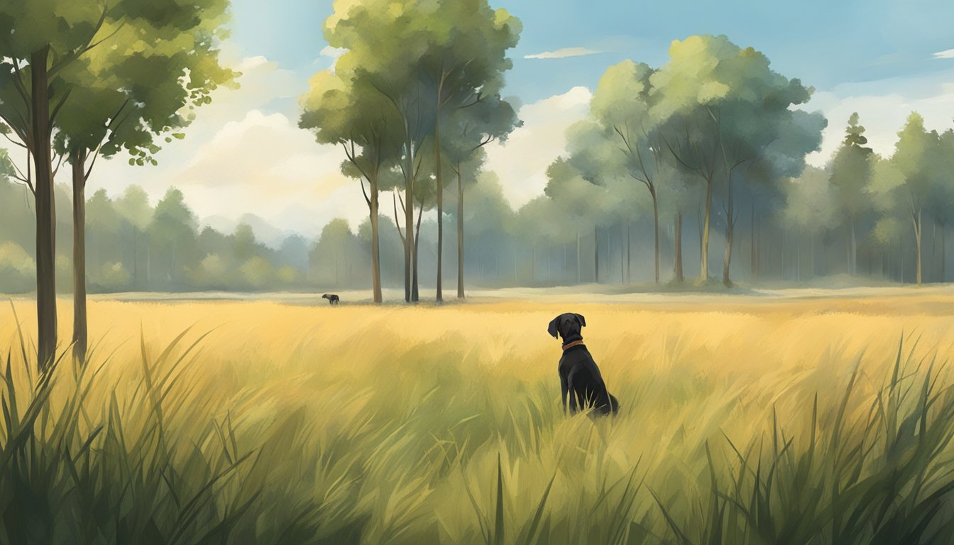 A field with tall grass and scattered trees, a dog eagerly waiting for training, a trainer setting up equipment