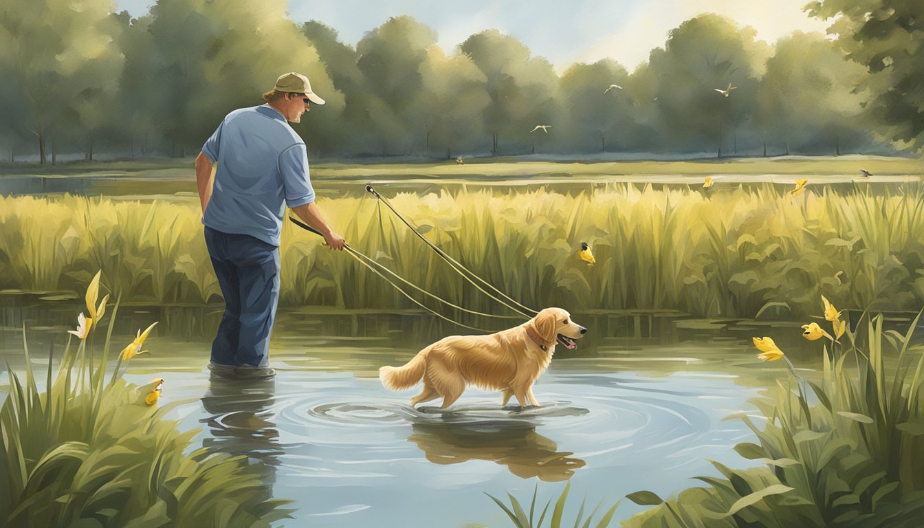 A golden retriever retrieves a duck from a pond while a trainer watches in a field in Ohio