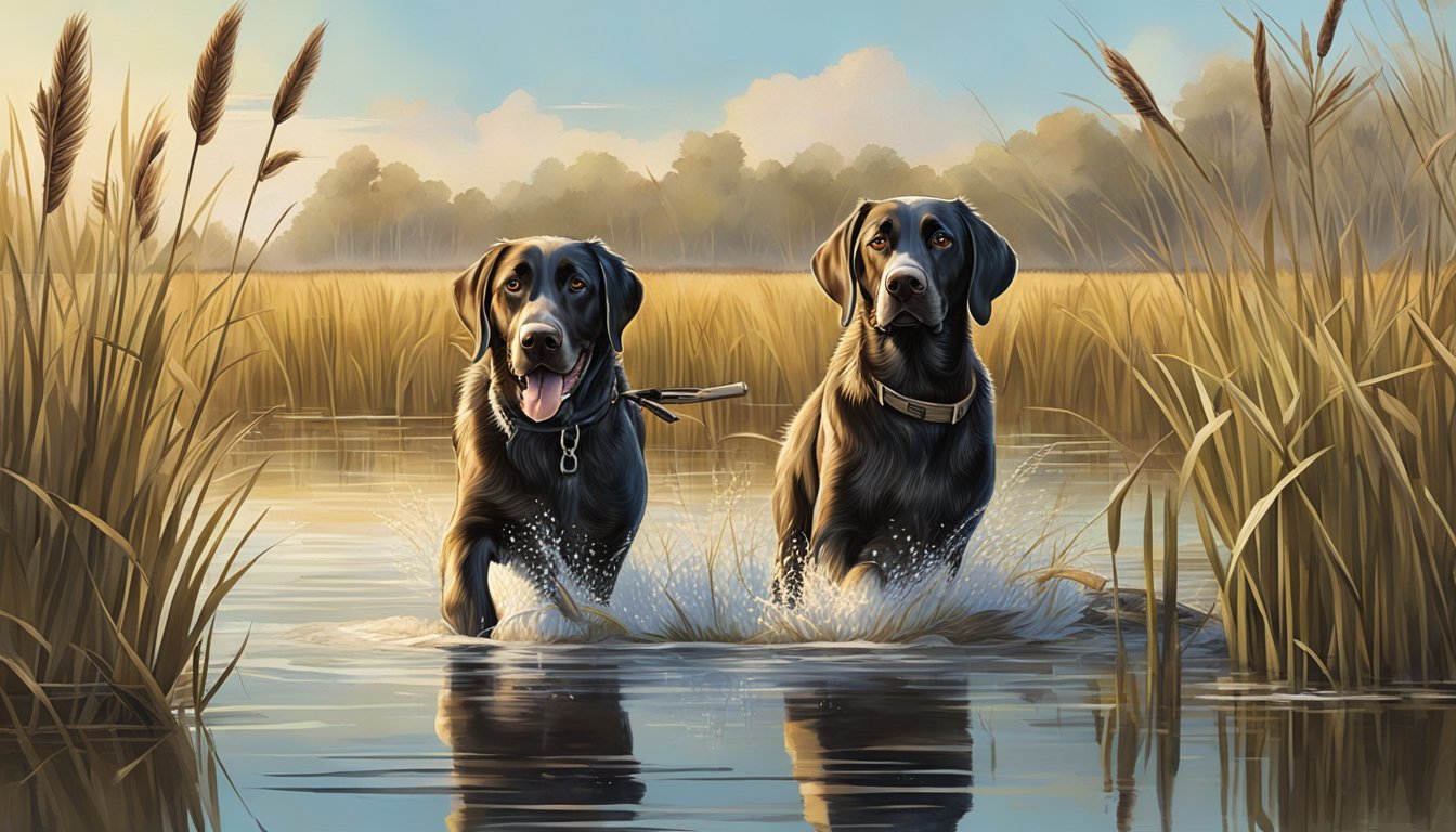 A gun dog retrieves a duck during a training session in a Louisiana marsh. The dog is surrounded by tall grass and cattails