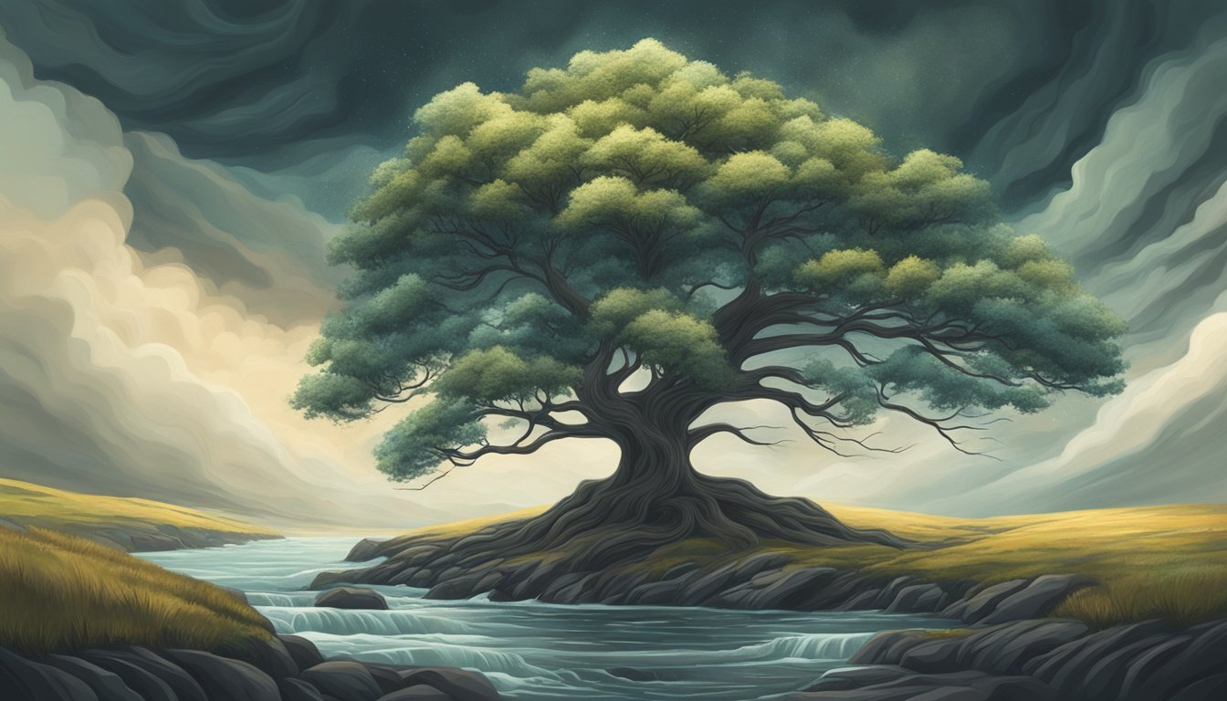 A lone tree standing strong amidst a swirling storm, representing the power of vulnerability and acceptance