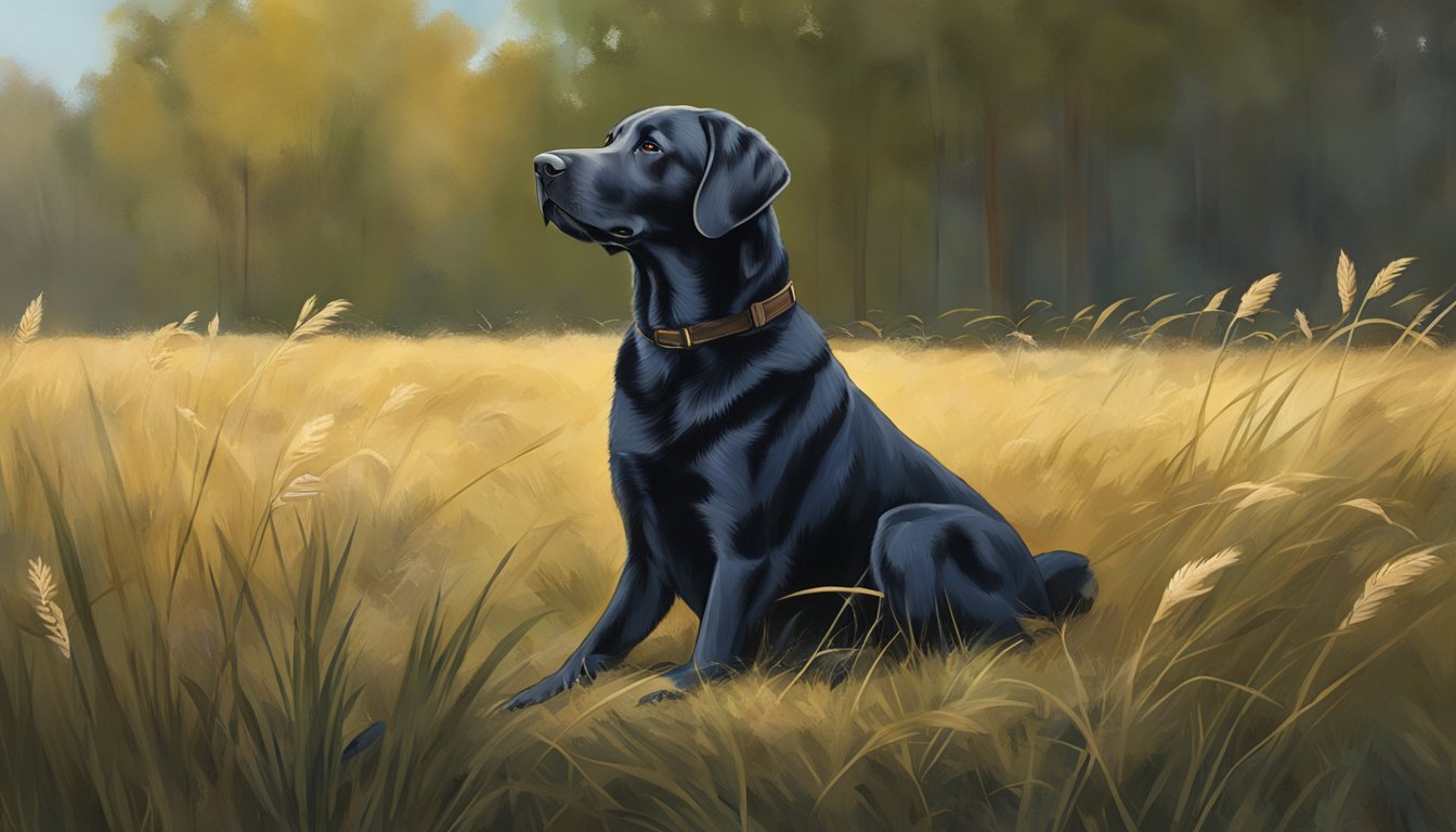 A Labrador retriever sits obediently in a Louisiana field, attentively listening to its trainer's commands during gun dog training