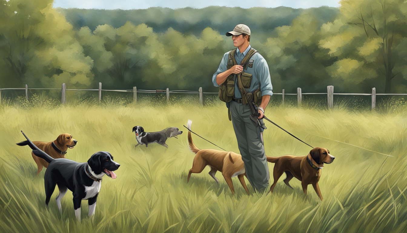 A gun dog trainer in Ohio demonstrates proper handling and safety techniques in a field, with legal signage and regulations posted nearby