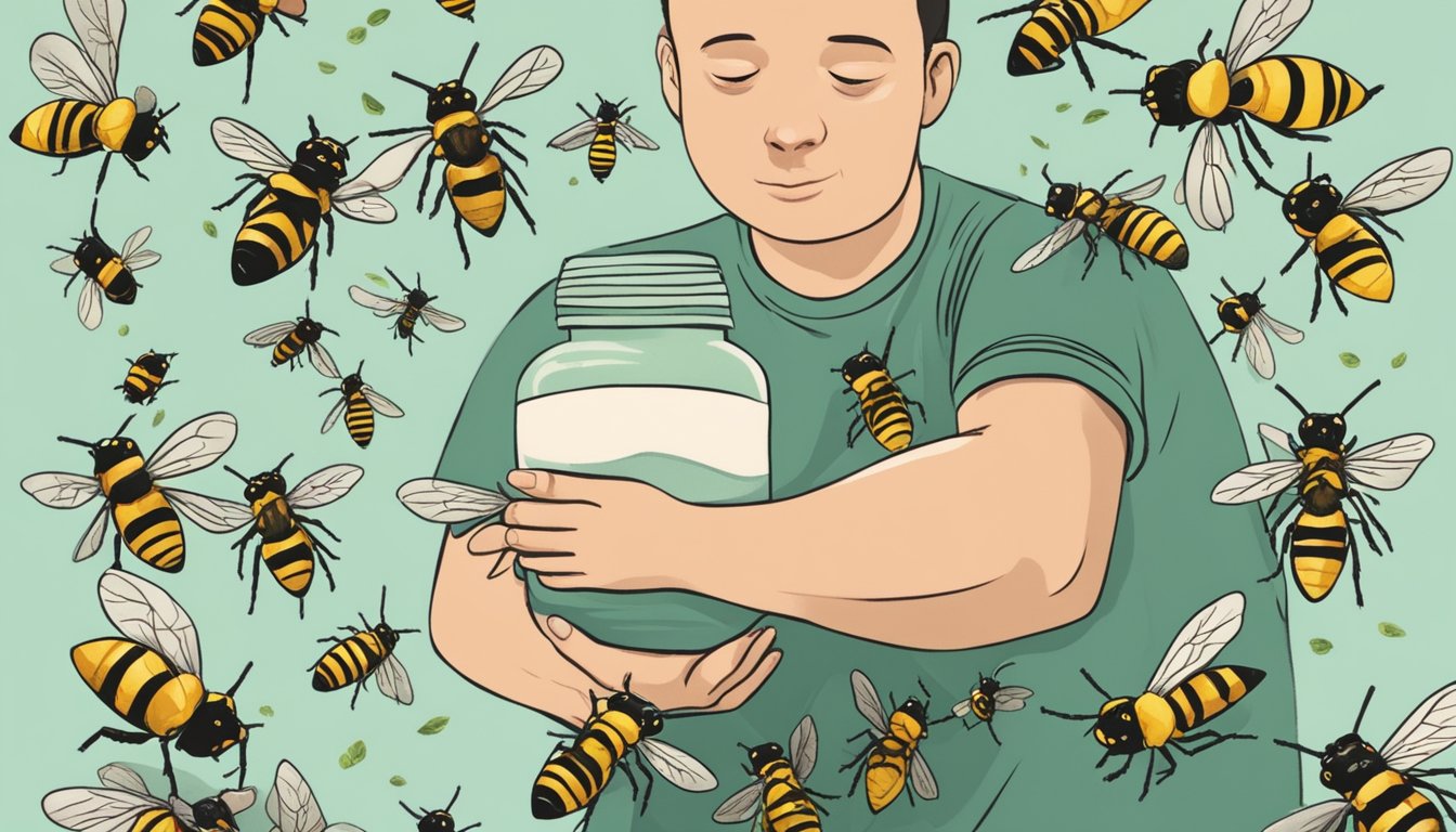 A person holding a natural remedy, surrounded by wasps and a sense of urgency