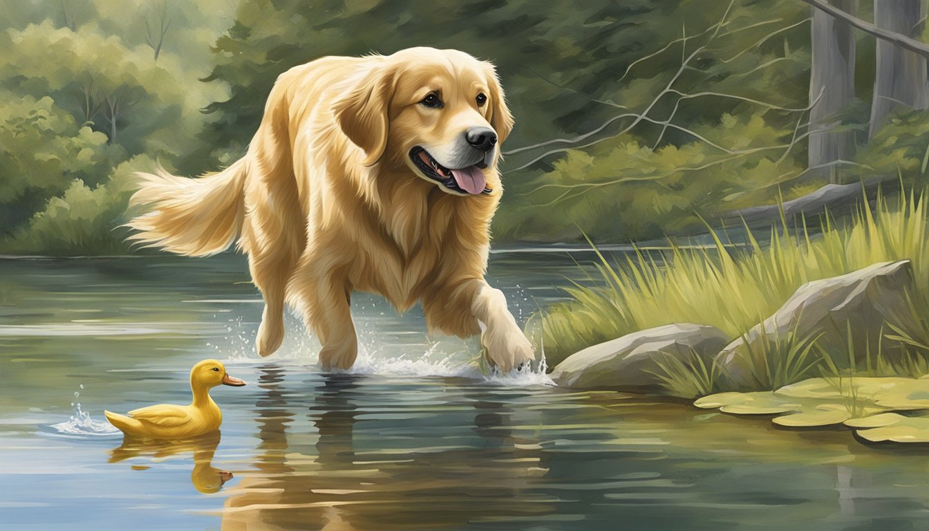 A golden retriever retrieves a duck from a serene pond in a wooded Maine landscape