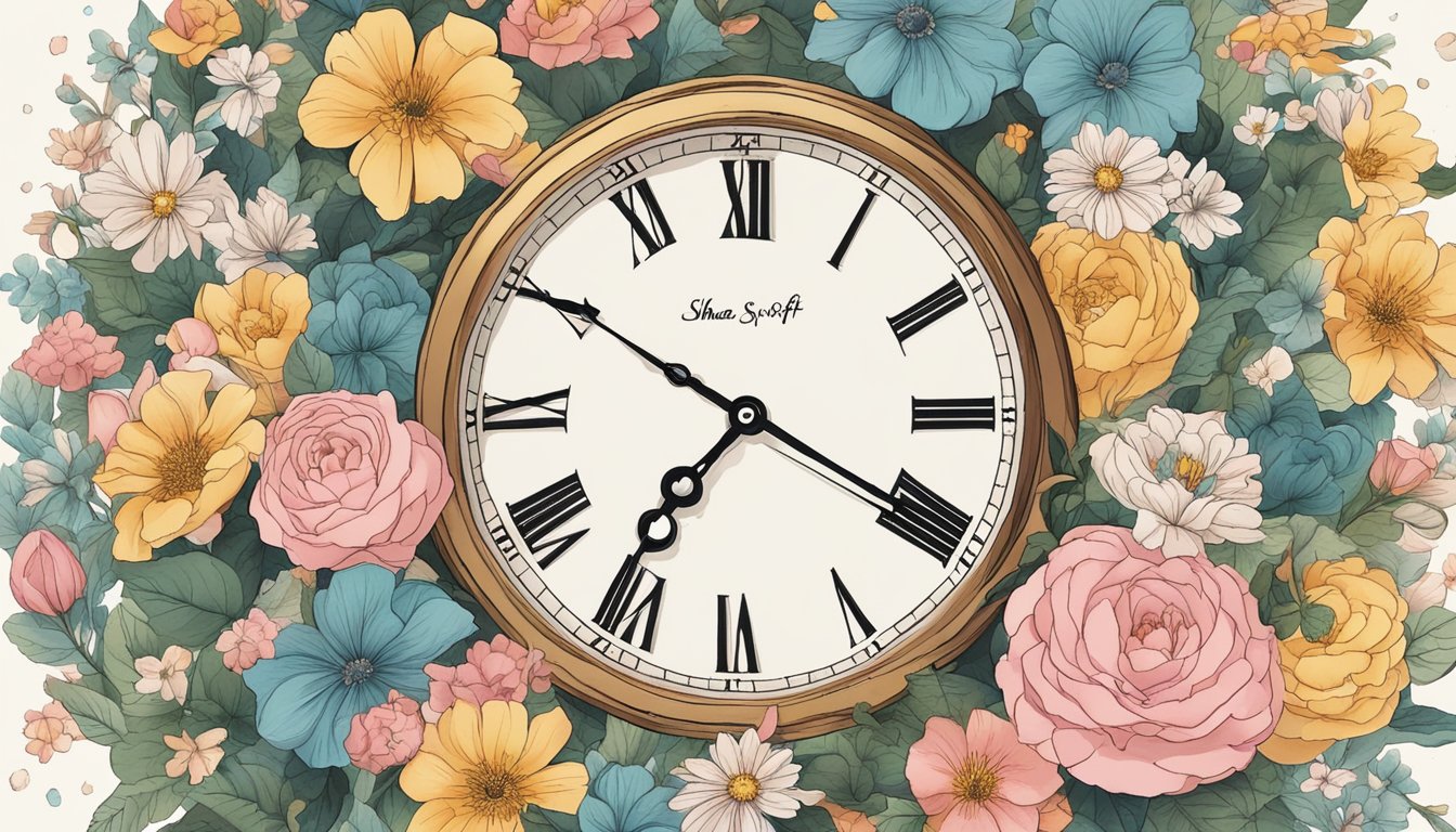 A clock surrounded by blooming flowers, symbolizing the passage of time and personal growth inspired by Taylor Swift's "Shake It Off."