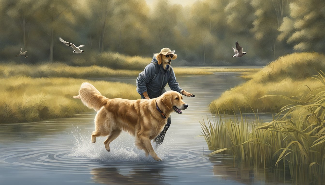 A golden retriever retrieving a duck from a pond during gun dog training in the Massachusetts countryside