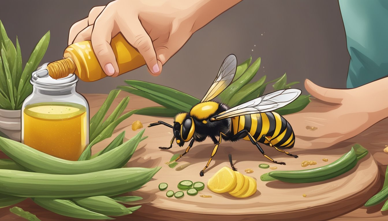 A person applying natural remedies to a wasp sting, surrounded by various ingredients like vinegar, baking soda, and aloe vera