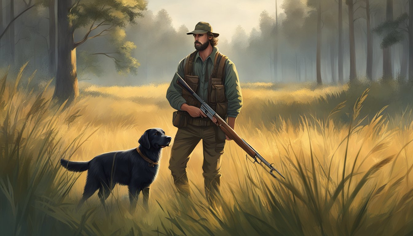 A hunter in a field with a retriever dog, holding a shotgun, surrounded by tall grass and trees