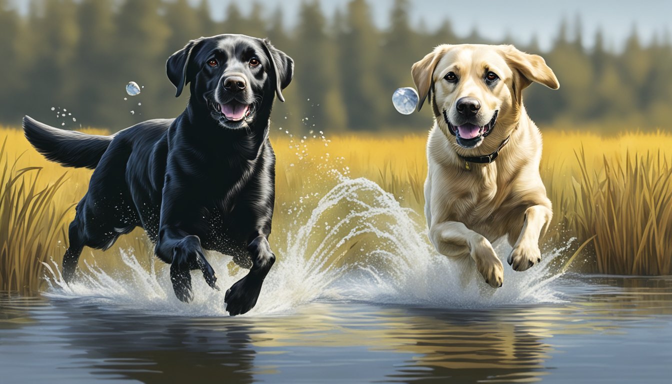 A Labrador retriever running through a field, retrieving a duck from a pond during a gun dog training program in Maine