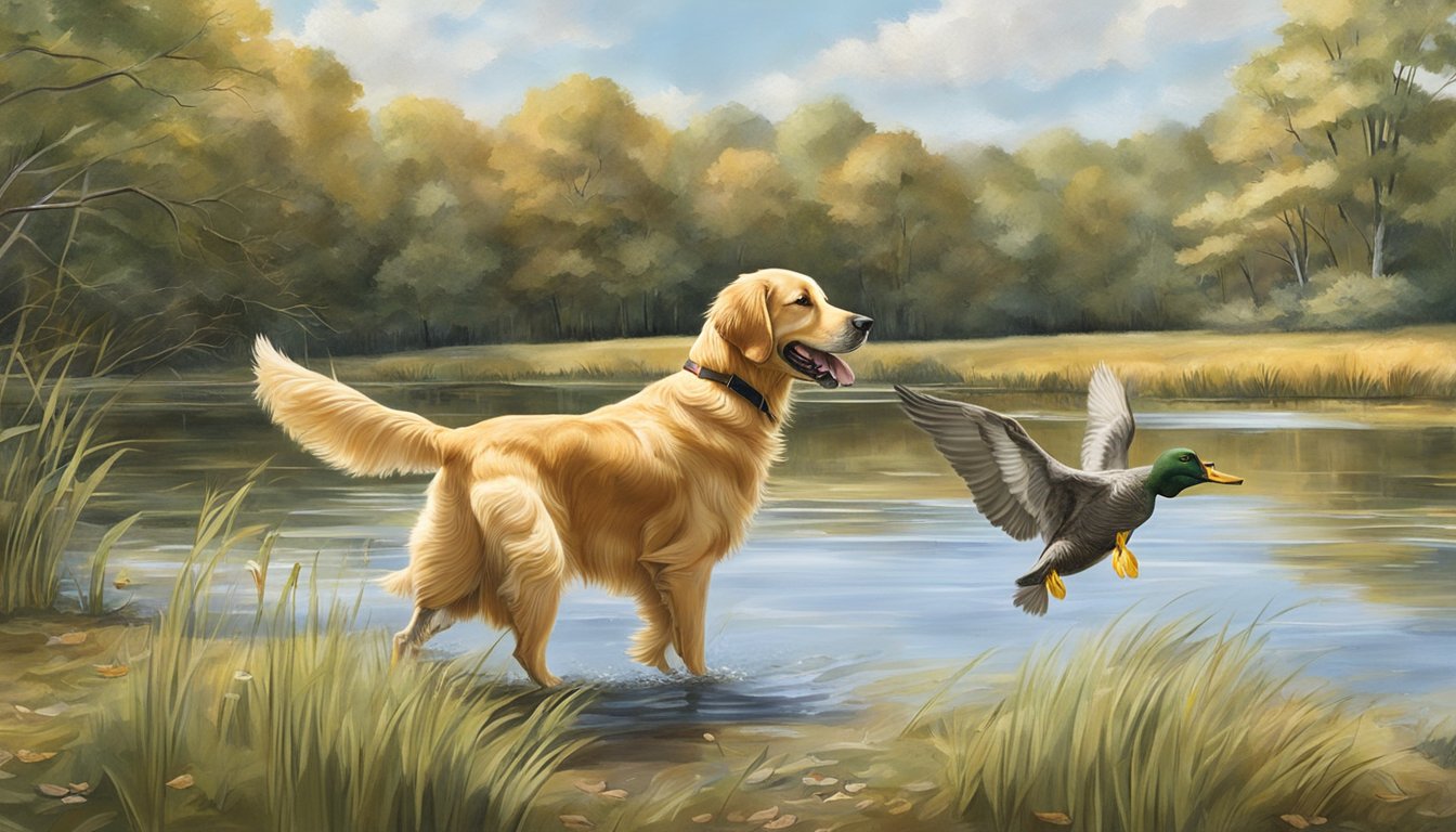 A golden retriever retrieves a duck from a pond during gun dog training in a Massachusetts field