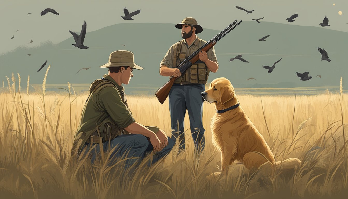 A golden retriever sits attentively beside a hunter in a field, surrounded by tall grass and scattered bird feathers. The hunter holds a shotgun, while the dog eagerly awaits commands