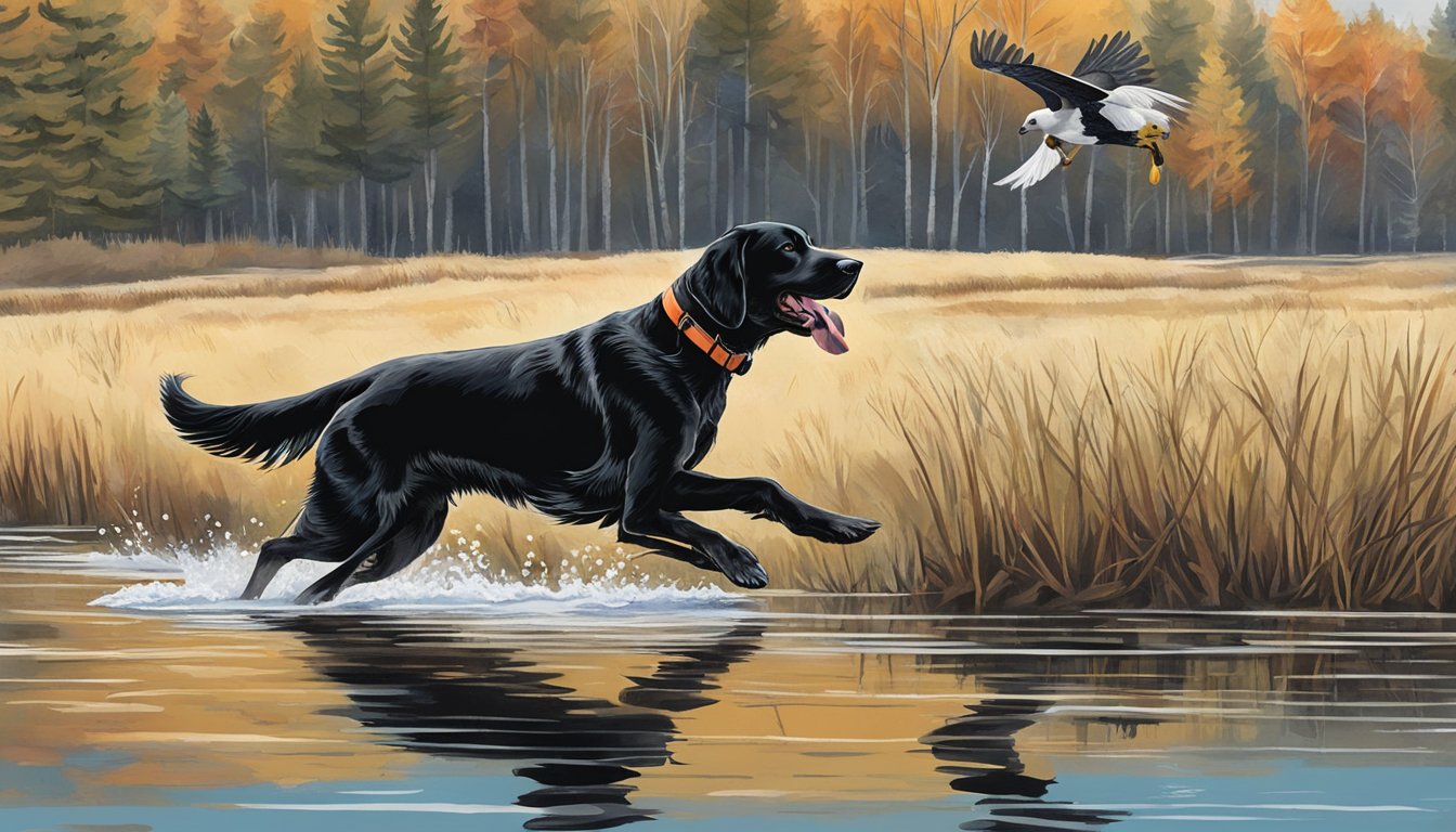 A gun dog retrieves a bird during core training in the Maine wilderness