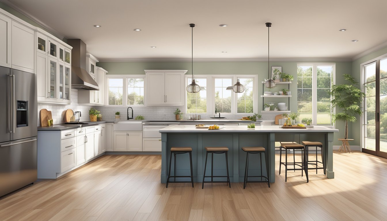 A kitchen with sleek, durable flooring options like hardwood, tile, or laminate. Bright natural light illuminates the space, highlighting the modern and practical design