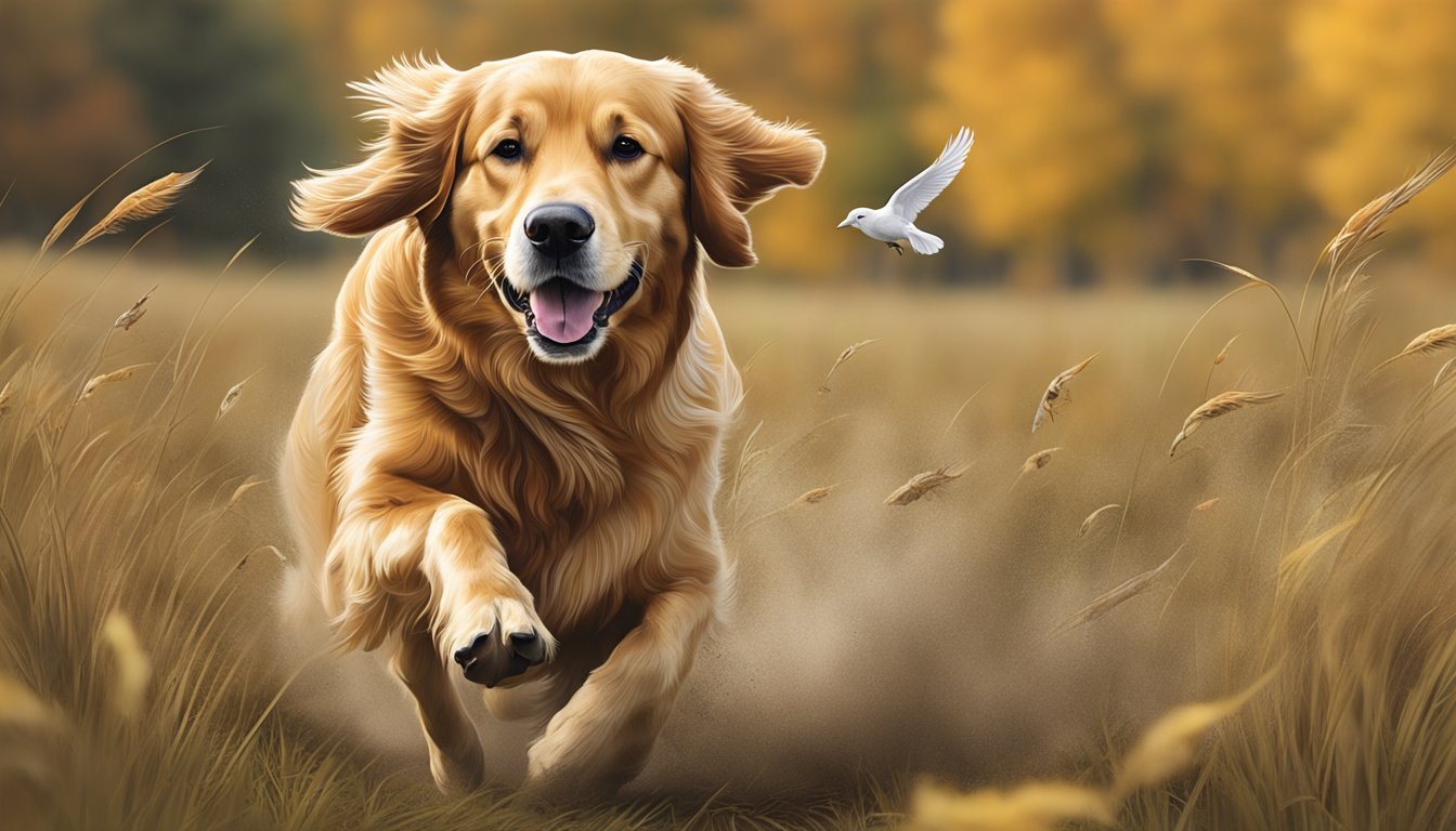 A golden retriever running through a field, retrieving a fallen bird during a gun dog training program in Massachusetts