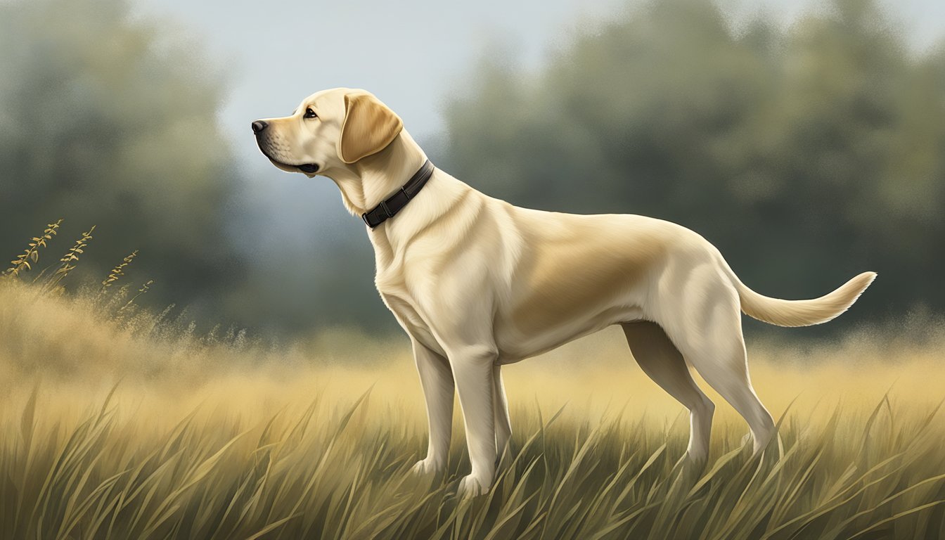 A Labrador retriever stands alert in a field, ears perked, ready for gun dog training in Pennsylvania