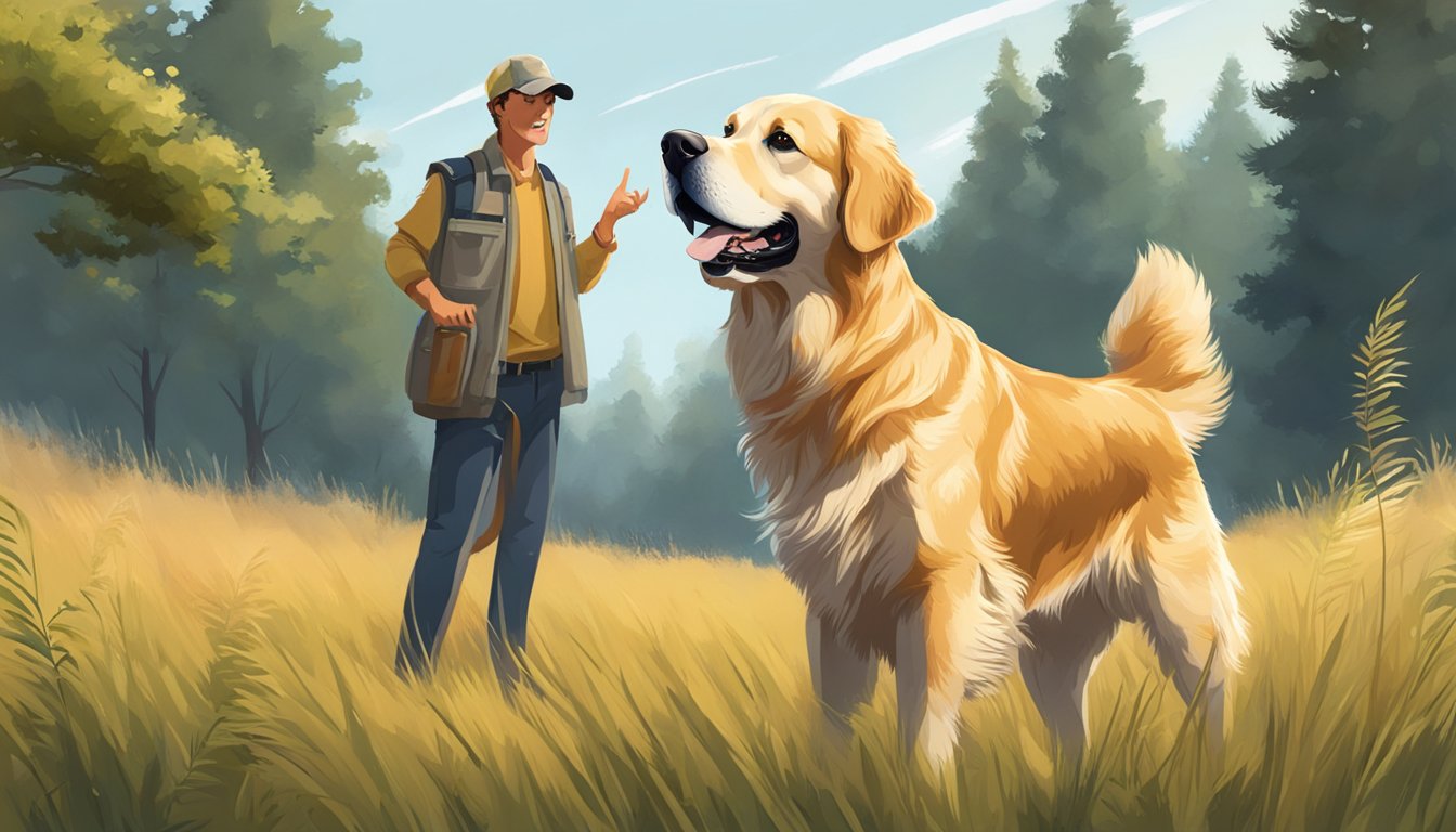 A golden retriever stands alert in a field, surrounded by tall grass and trees. A trainer holds a whistle and gestures commands