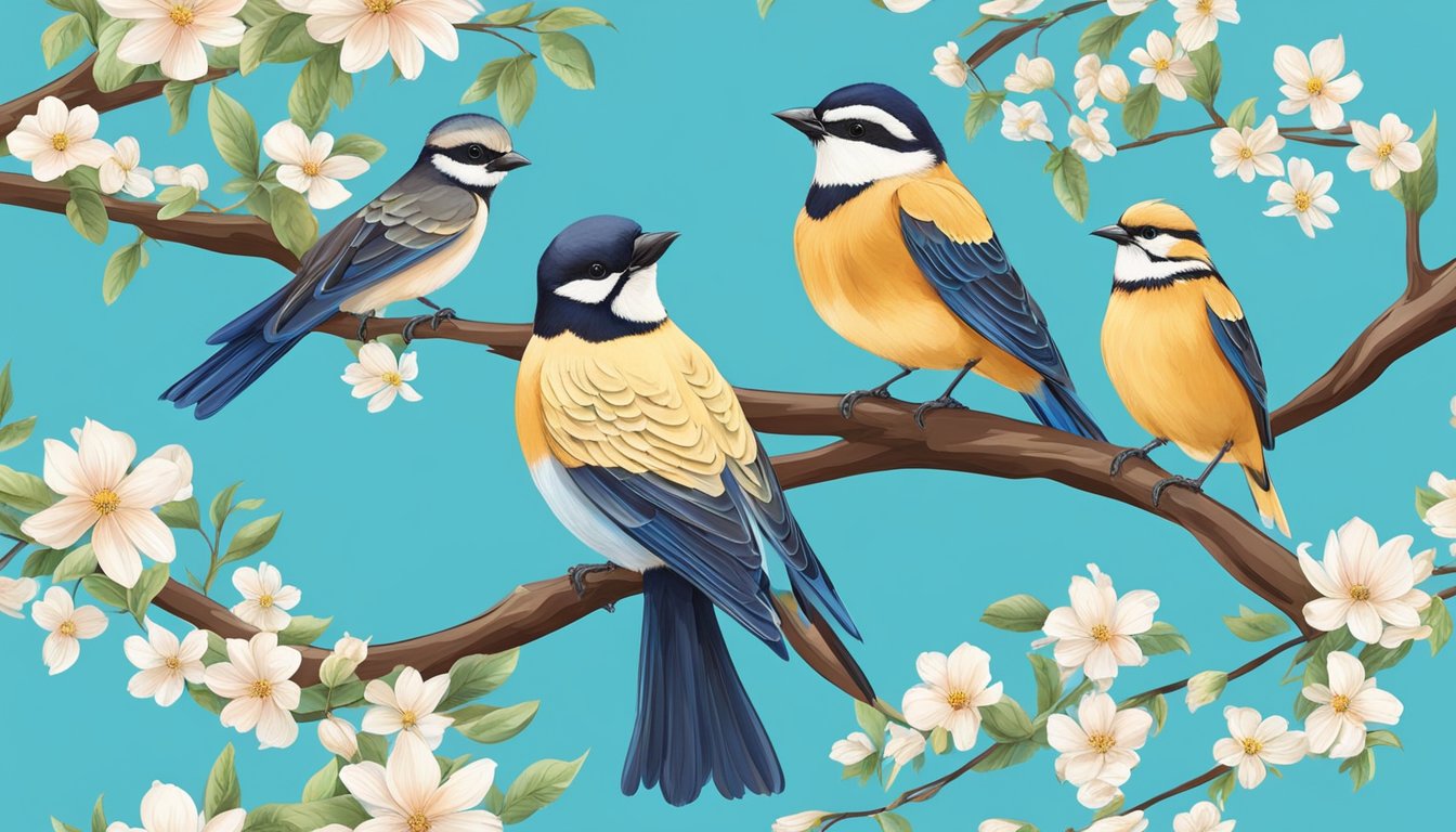 A family of birds perched on a tree, surrounded by blooming flowers and a clear blue sky, symbolizing love, freedom, and resilience