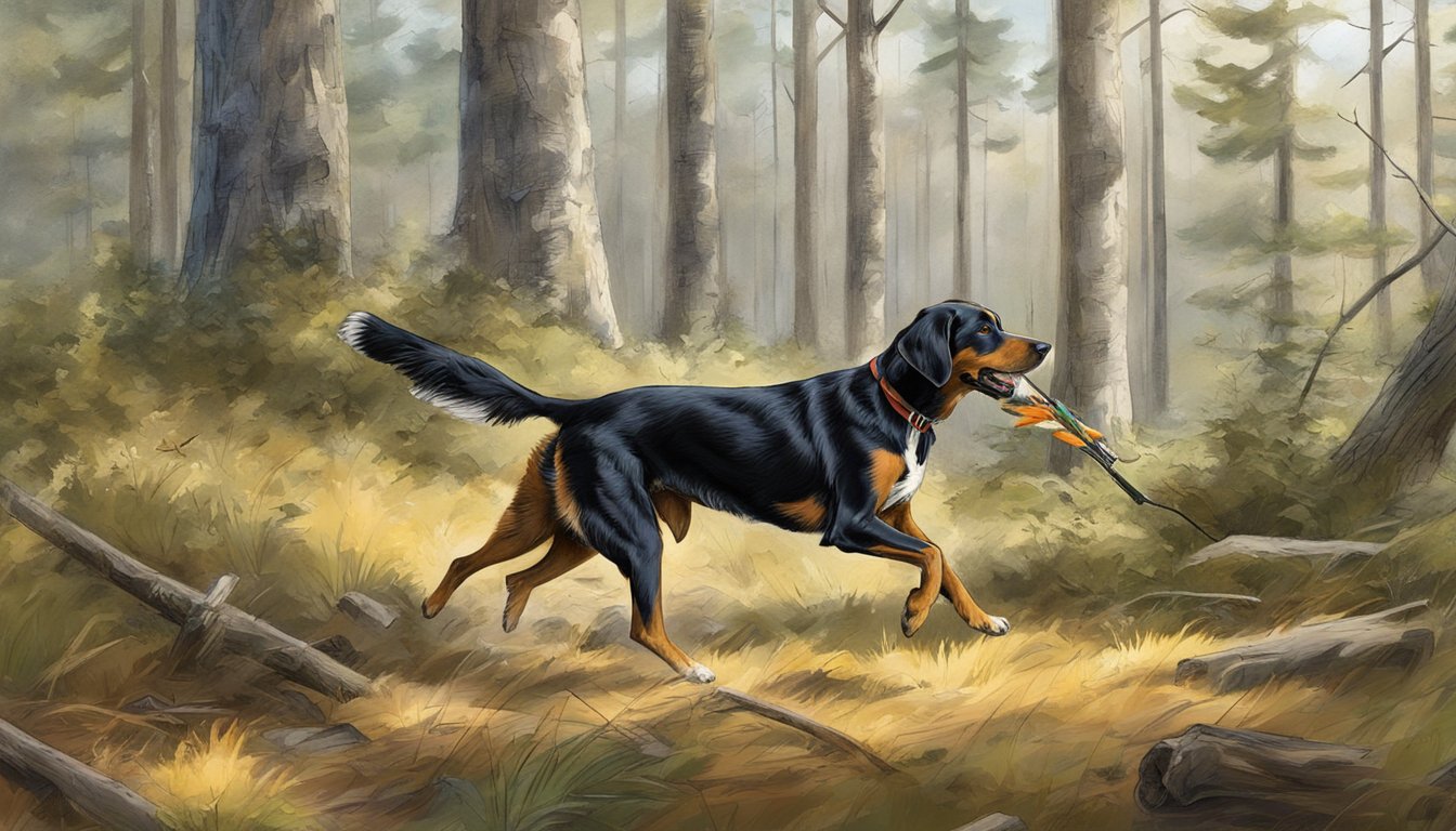 A hunting dog eagerly retrieves a fallen bird during specialized gun dog training in the Maine wilderness