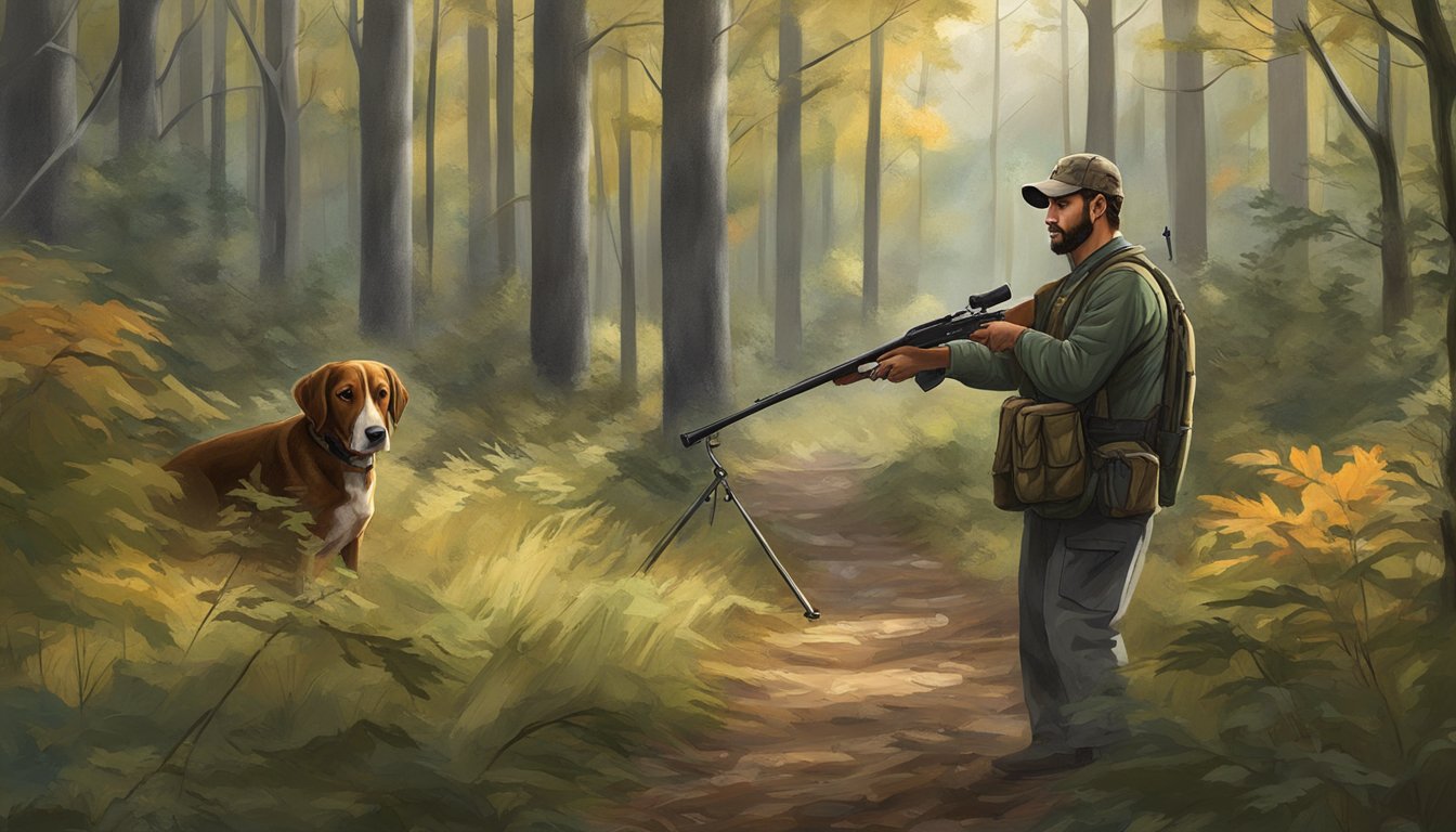 A hunter in Massachusetts trains a gun dog in a wooded area, with trees and foliage in the background