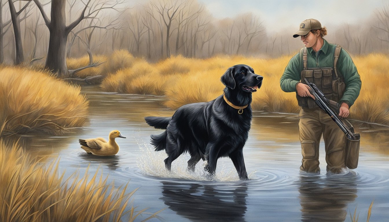 A golden retriever retrieves a duck from a pond, while a black lab waits patiently by its owner's side. Both dogs display expert gun dog proficiency