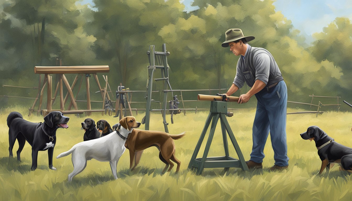 A field in rural Pennsylvania with a wooden training stand, scattered training dummies, and a handler instructing a gun dog