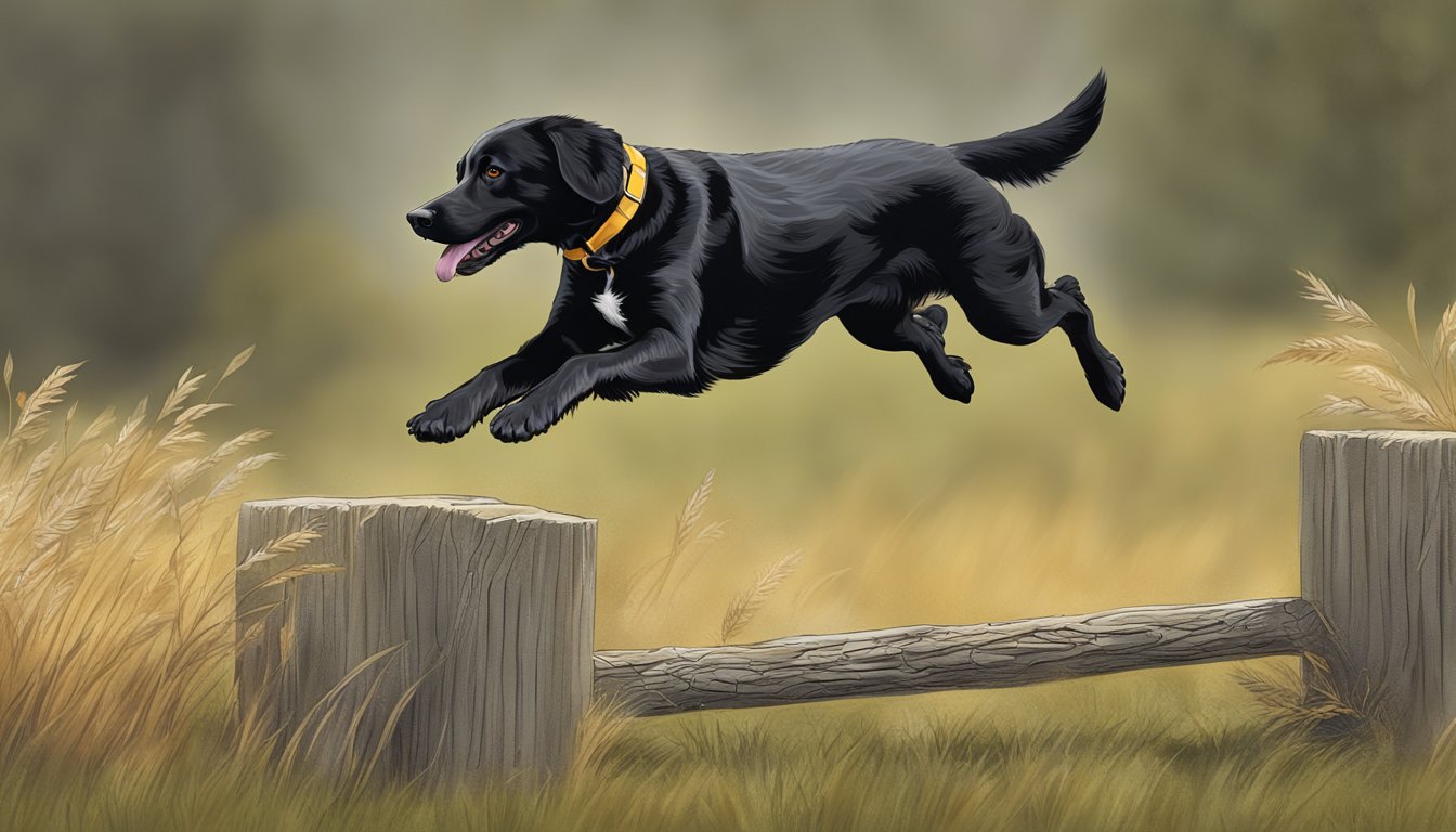 A gun dog leaps over obstacles in a Massachusetts field during advanced training