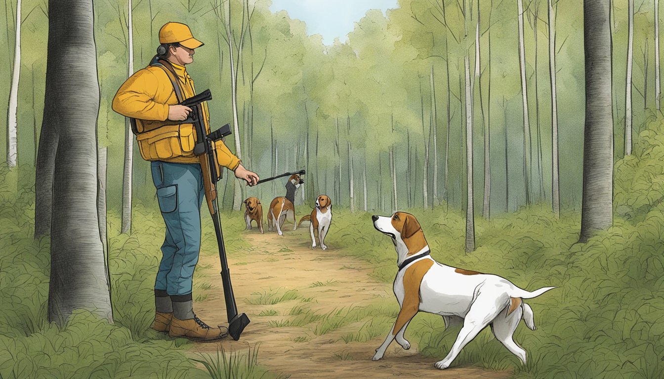 A gun dog trainer in Maine demonstrates safety protocols during a training session in a wooded area