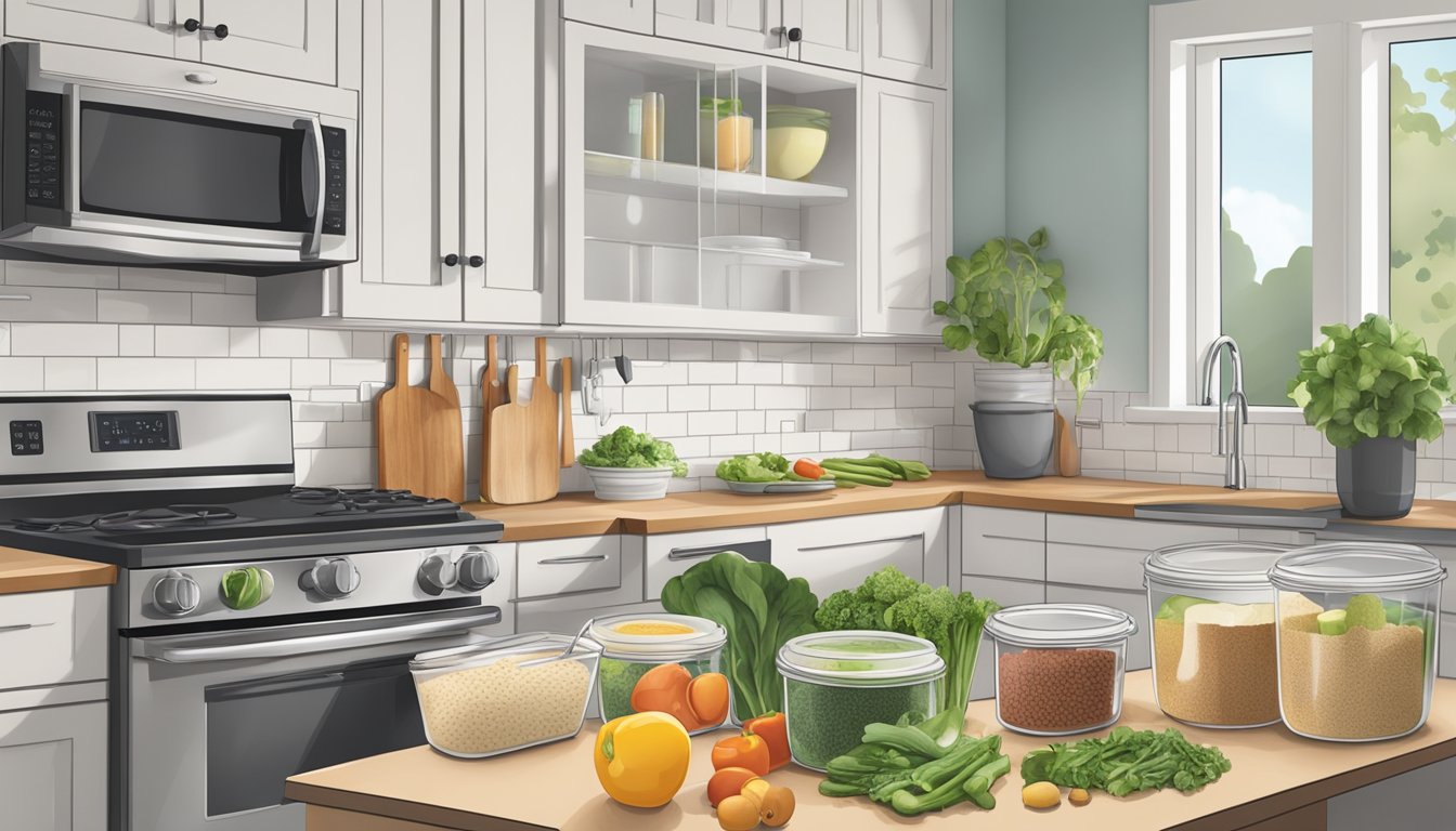 A kitchen counter with organized meal ingredients, a meal plan calendar, and reusable food storage containers to reduce food waste