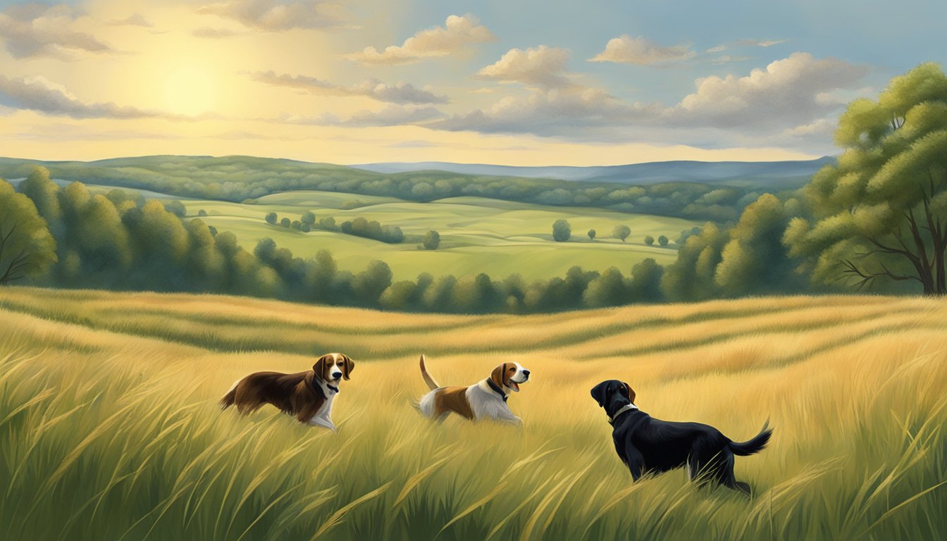 A field in Pennsylvania with rolling hills, tall grass, and scattered trees, where gun dog training is taking place