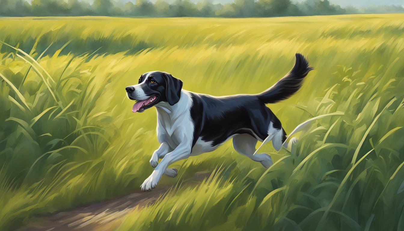 A sleek, muscular gun dog sprints through a lush Massachusetts field, tongue lolling, eyes bright with focus and determination