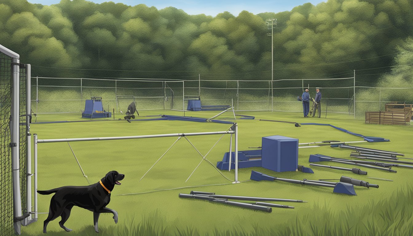 A field in Pennsylvania, with training equipment and obstacles set up for a gun dog trial and competition