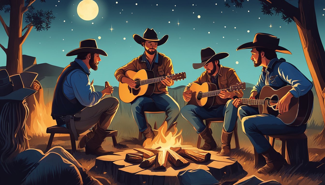 A group of cowboys gathered around a campfire, enjoying a Texas-style barbecue feast under the stars, with a lone guitar player strumming in the background