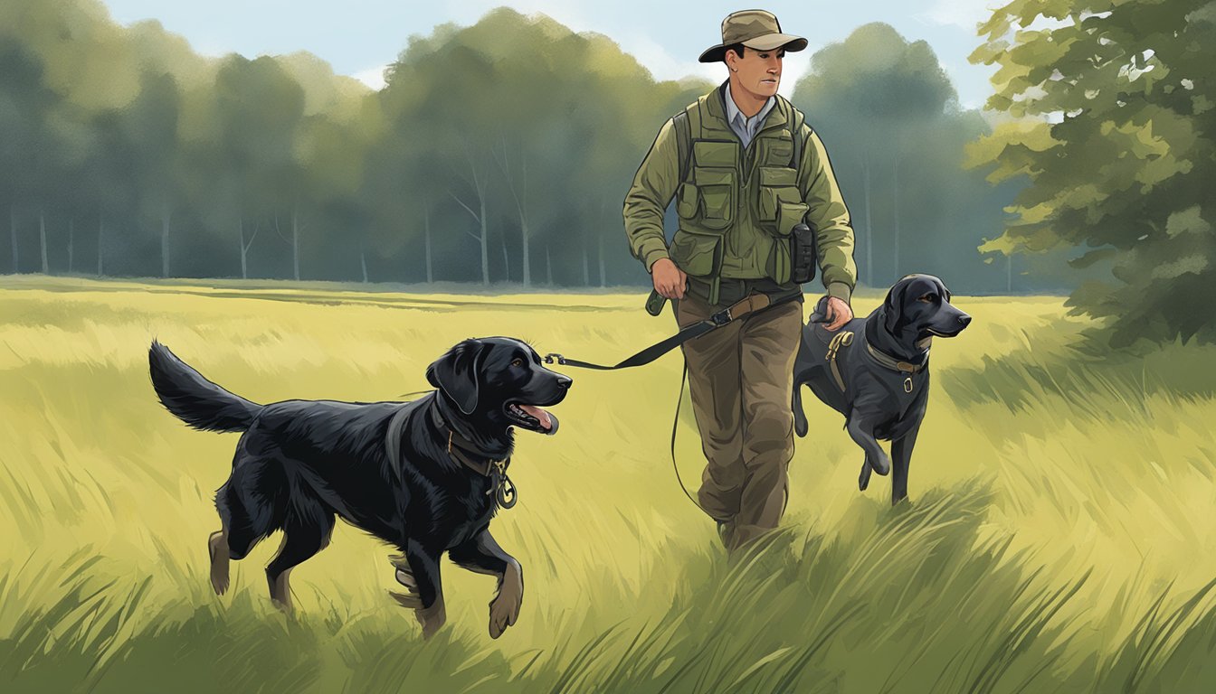 A gun dog trainer in Massachusetts instructs a retriever in a field, emphasizing legal and ethical training methods