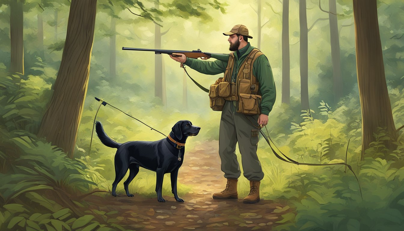 A hunter in Pennsylvania trains his gun dog in a lush, wooded area, using various tools and techniques to teach obedience and hunting skills