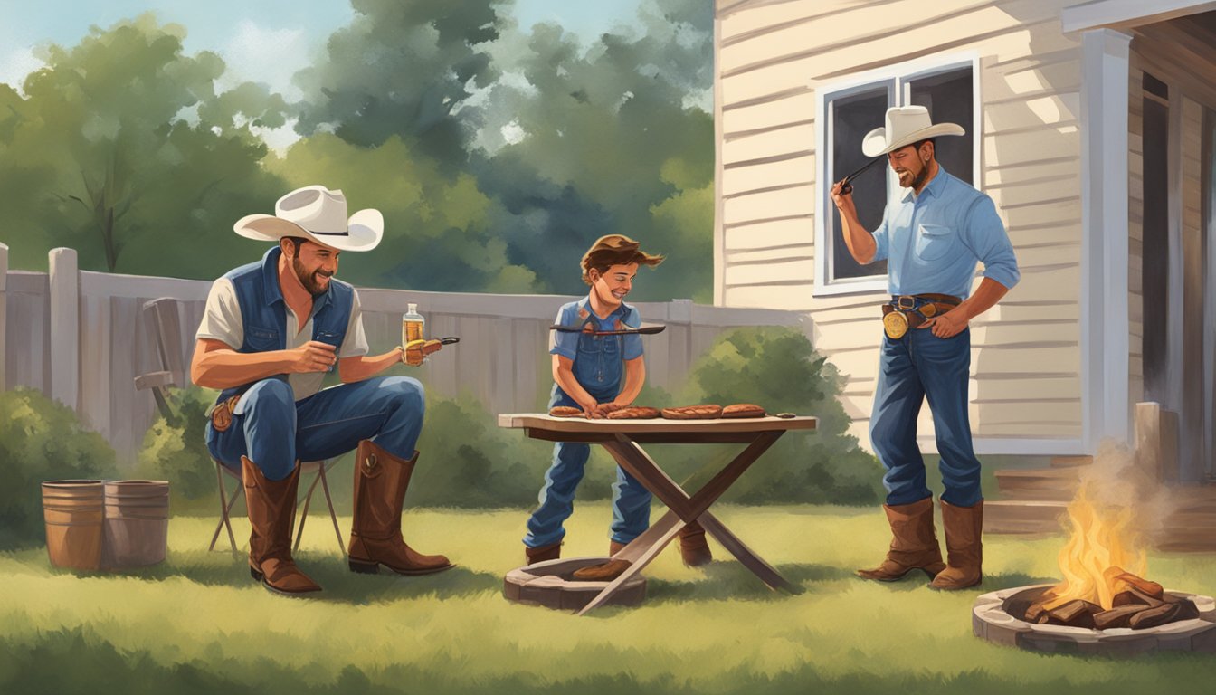 A father and child grilling steaks and playing horseshoes in a Texas backyard, surrounded by cowboy boots, a cowboy hat, and a Texas flag