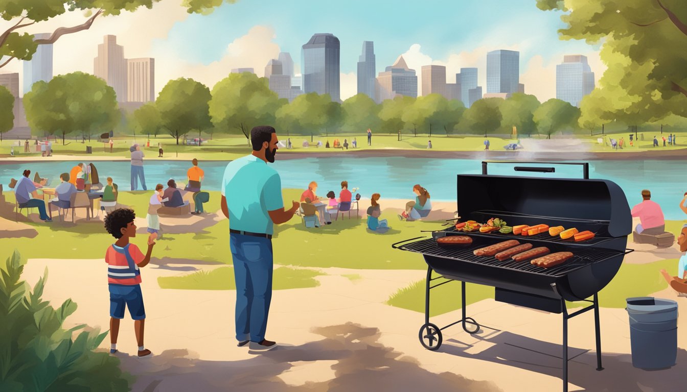 A father and child enjoying a Texas-style barbecue in a local park, surrounded by live music and vibrant city scenery