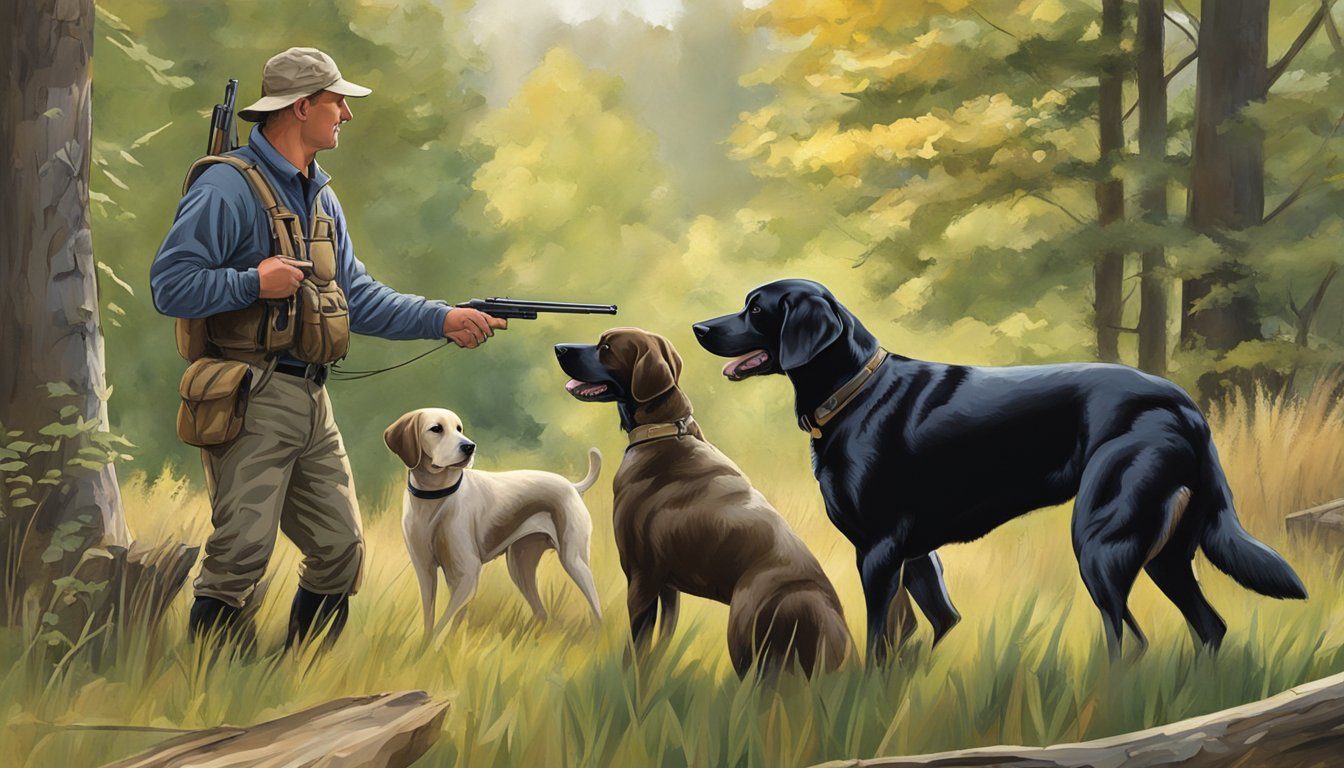 A hunter in Michigan selects a gun dog breeder. The breeder showcases well-trained gun dogs in a spacious, natural setting