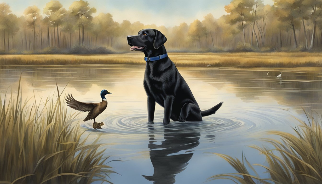 A Labrador retriever eagerly retrieves a duck from a tranquil Mississippi marsh, guided by a trainer's whistle and hand signals