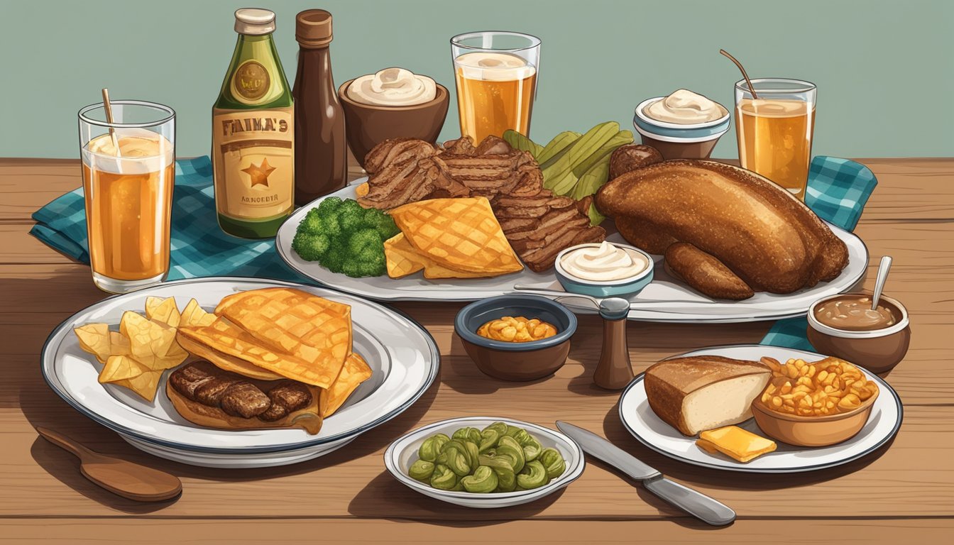 A table set with a spread of Texas-style food and drink, surrounded by festive decorations for Father's Day